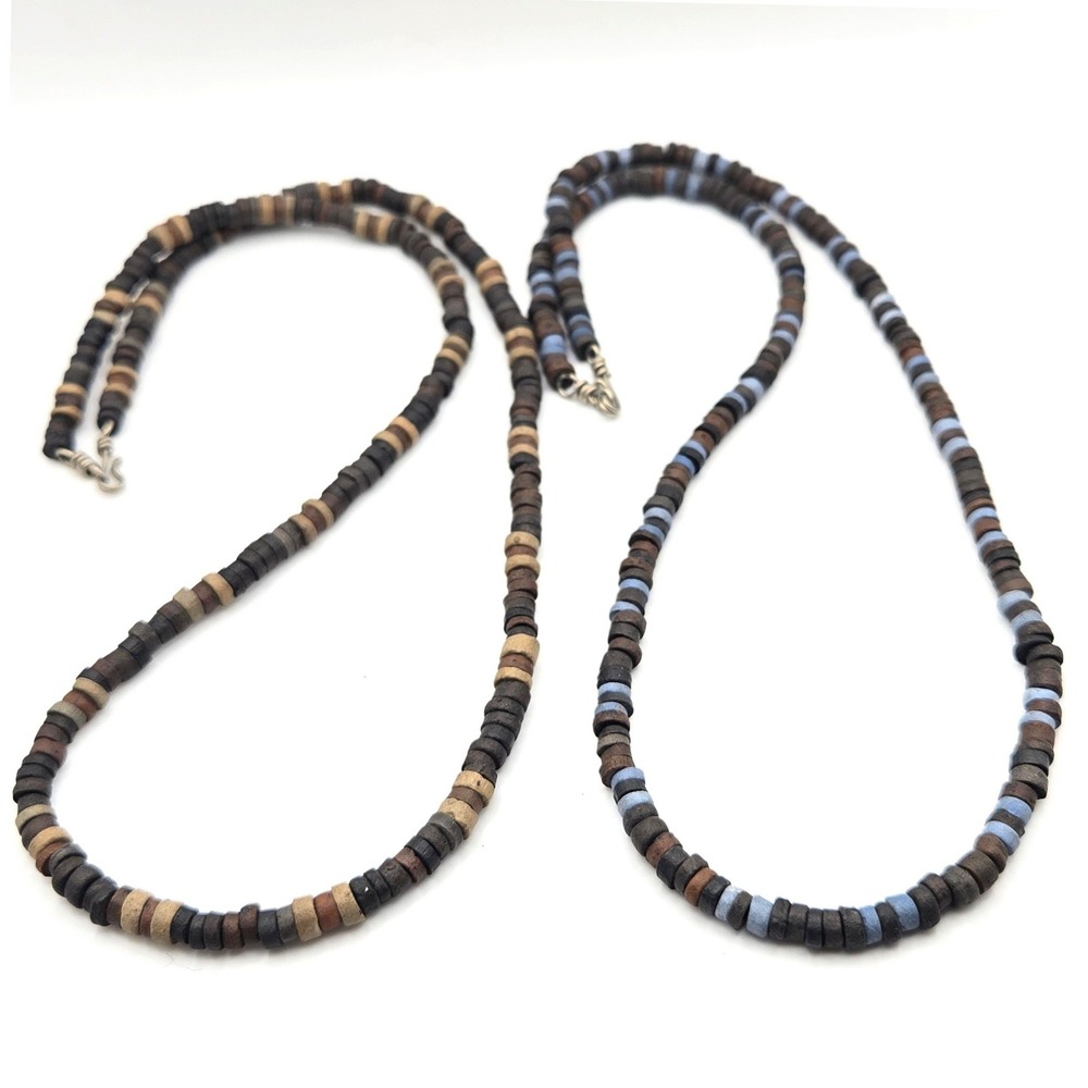 Set of 2 Stone Heishi Bead Surfer Style Necklaces Brown‎ Tan Blue Earthy Boho